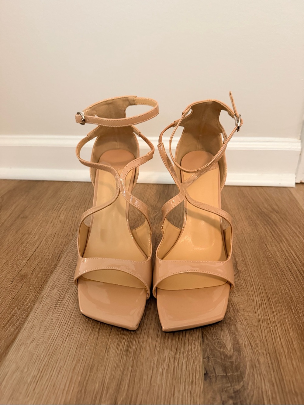 Patent Nude Strappy High Heel Sandals with Ankle Wrap